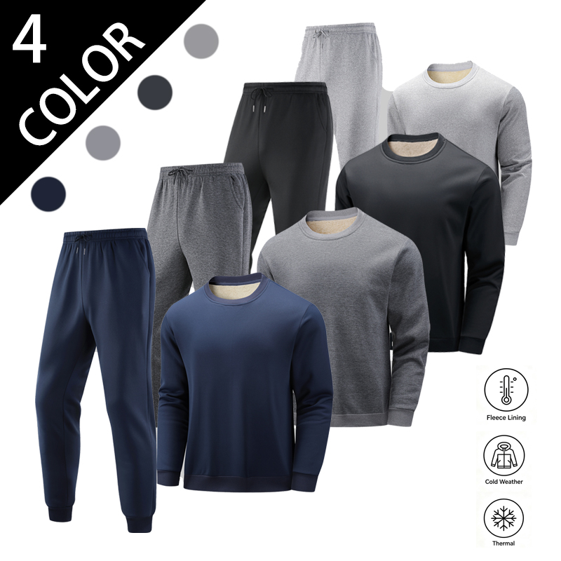 Joggers Pants - ชุดวอร์มลำลองสำหรับผู้ชาย เสื้อสเวตเตอร์แขนยาวคอกลมและกางเกงจ็อกเกอร์ บุด้วยผ้าฟลีซให้ความอบอุ่น ชุดกีฬาสำหรับผู้ชาย