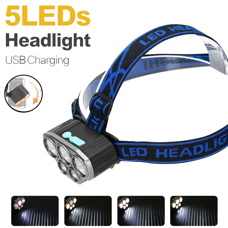 Running Headlamp - ไฟฉายคาดศีรษะแบบชาร์จไฟได้ 5 LED สว่างเป็นพิเศษ ไฟฉายคาดศีรษะกันน้ำที่มีประสิทธิภาพสำหรับการตั้งแคมป์กลางแจ้งวิ่งแสงสว่าง