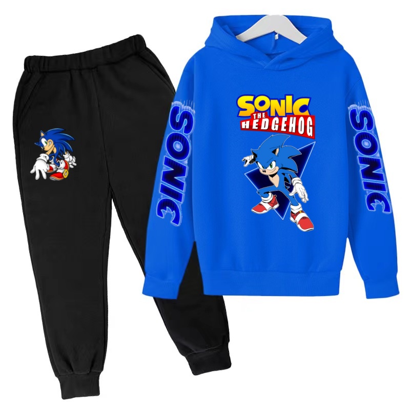 Running Gear Kids - เสื้อผ้าเด็กซูเปอร์โซนิค ชุดวอร์มสีน้ำเงิน เสื้อคลุม+กางเกง ชุดสองชิ้น เสื้อมีฮู้ด เด็กชาย