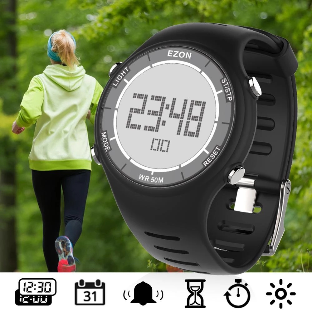 Running Watch - EZON ใหม่แฟชั่นผู้หญิงนาฬิกาสปอร์ตดิจิตอลสําหรับวิ่งกลางแจ้งพร้อมนาฬิกาปลุกนาฬิกาจับเวลานับถอยหลังกันน้ํา 50 M L008