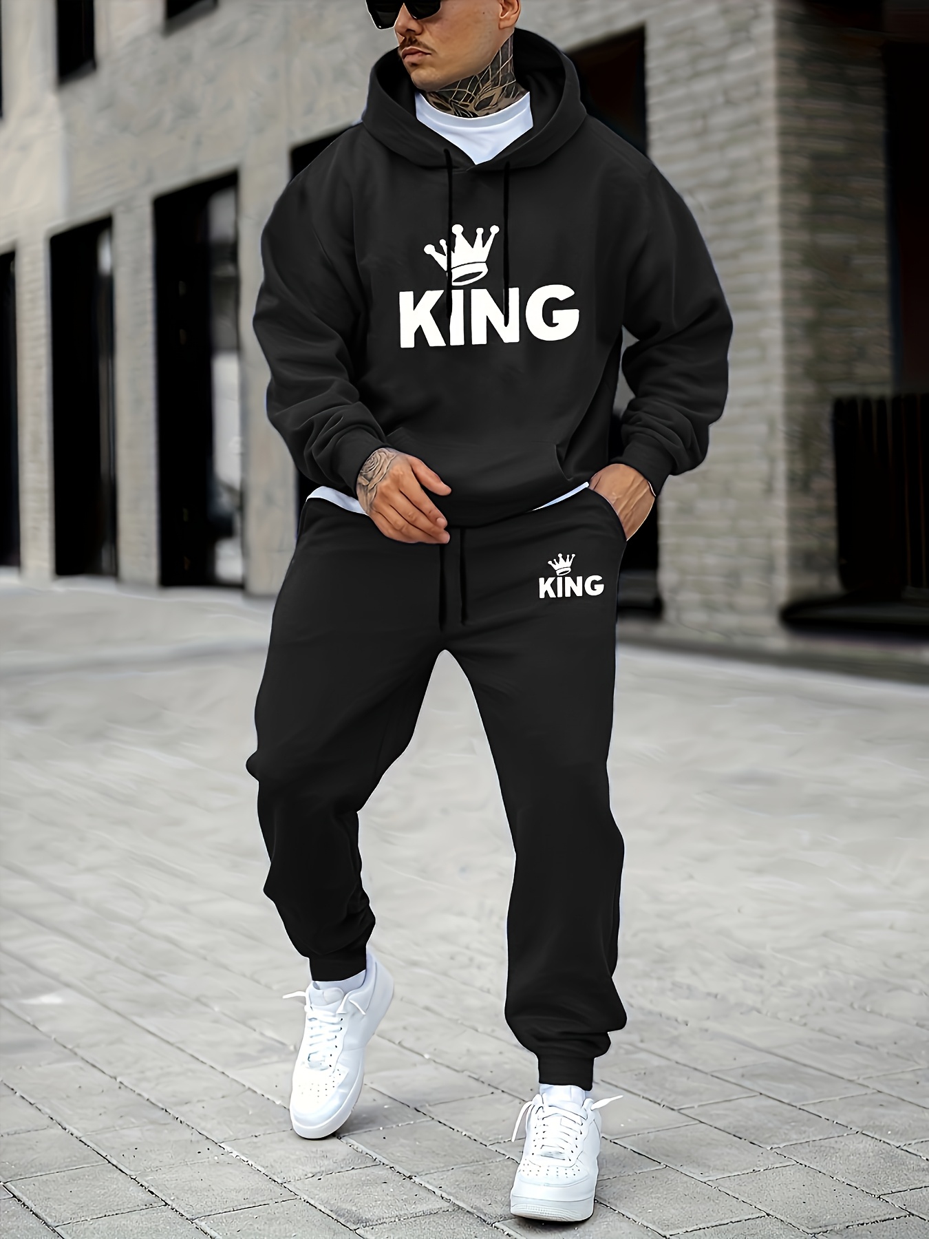 Joggers Pants - ชุดวอร์มพิมพ์ลายมงกุฎ KING สำหรับผู้ชาย 2 ชิ้น, เสื้อฮู้ด