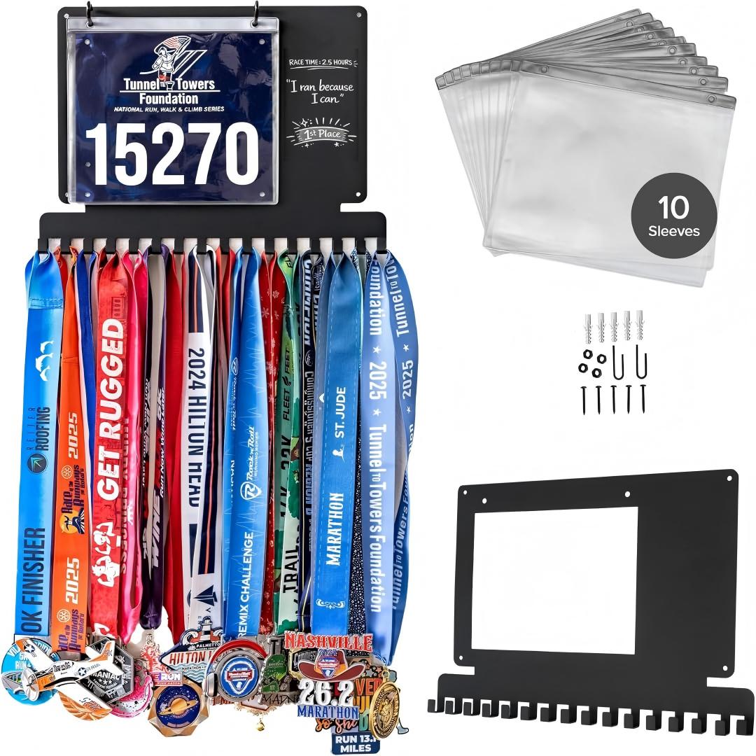 Race Bib - ที่แขวนเหรียญสำหรับนักวิ่ง, ที่เก็บเหรียญแบบหนาพิเศษพร้อมตะขอแยก, กระดานเขียนข้อความและช่องใส่หมายเลข, ติดผนัง