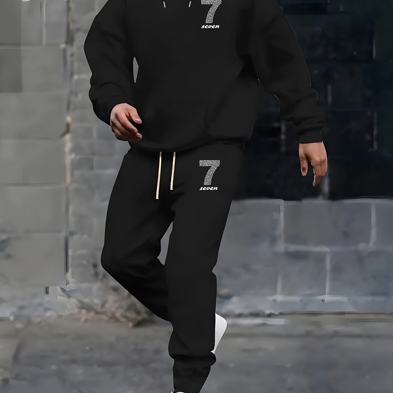 Joggers Pants - ชุดเซ็ตฮู้ดดี้และกางเกงจ็อกเกอร์ 2 ชิ้น ลายกราฟิกหมายเลข 7 สำหรับผู้ชาย