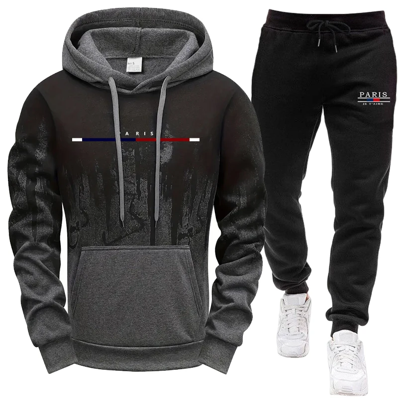 Joggers Pants - ชุดผู้ชาย/เสื้อฮู้ด/กางเกง ชุดสเวตเตอร์มีฮู้ดและกางเกงสเวตแพนท์สำหรับฤดูใบไม้ร่วงและฤดูหนาว ชุดกีฬาสำหรับกิจกรรมกลางแจ้ง แฟชั่นลำลองสไตล์ปารีส