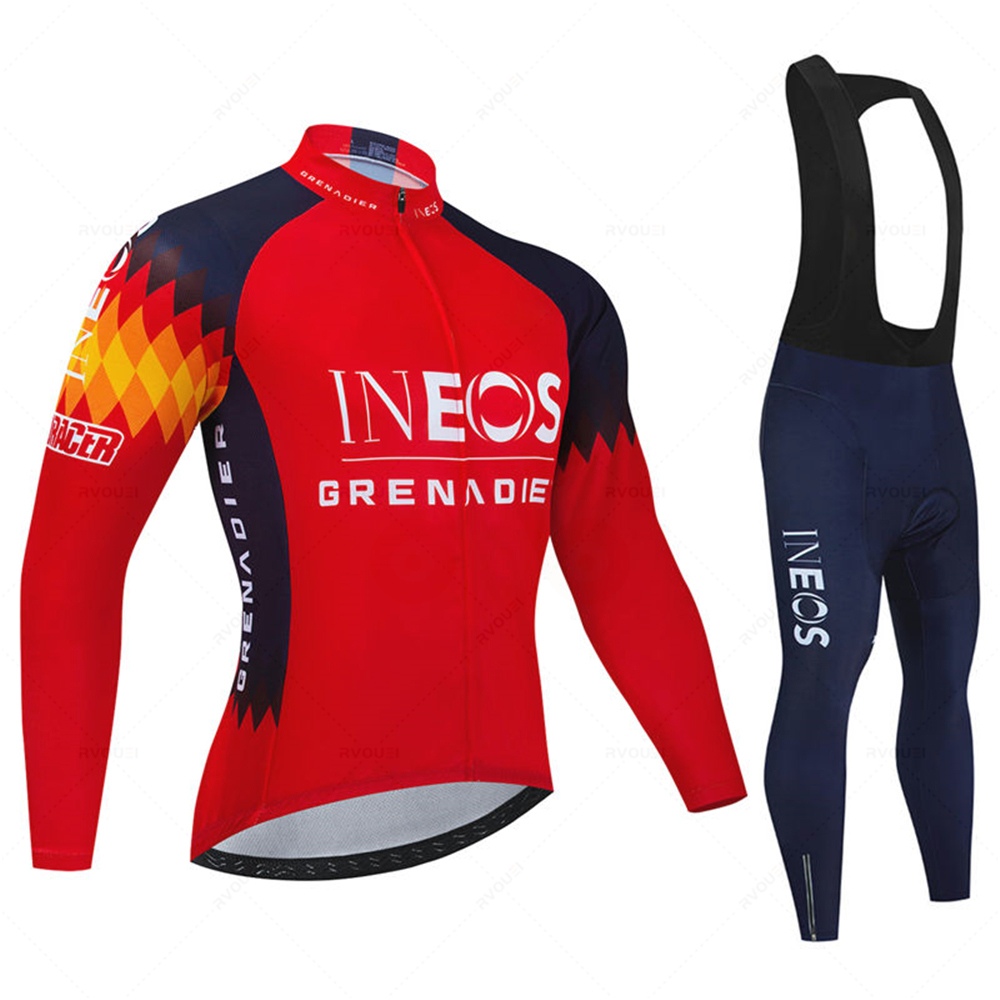 Race Bib - ชุดเสื้อเจอร์ซีย์ปั่นจักรยานสำหรับผู้ชายทีม Ineos สำหรับฤดูใบไม้ผลิ ฤดูใบไม้ร่วง ชุดปั่นจักรยานเสือภูเขาสำหรับฤดูร้อน แขนยาว