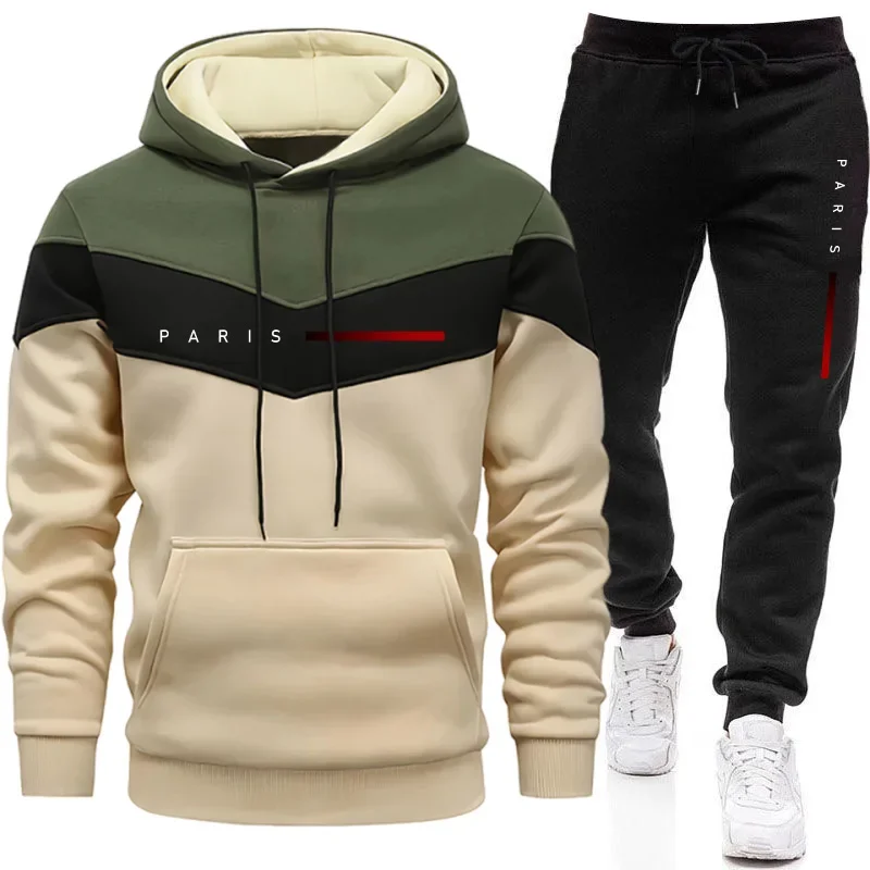 Joggers Pants - ชุดฮู้ดดี้แฟชั่นผู้ชายสไตล์ปารีส เสื้อฮู้ดและกางเกงจ็อกเกอร์ลำลองสำหรับใส่ในชีวิตประจำวัน ชุดวอร์มเทรนด์เมืองสำหรับผู้ชาย