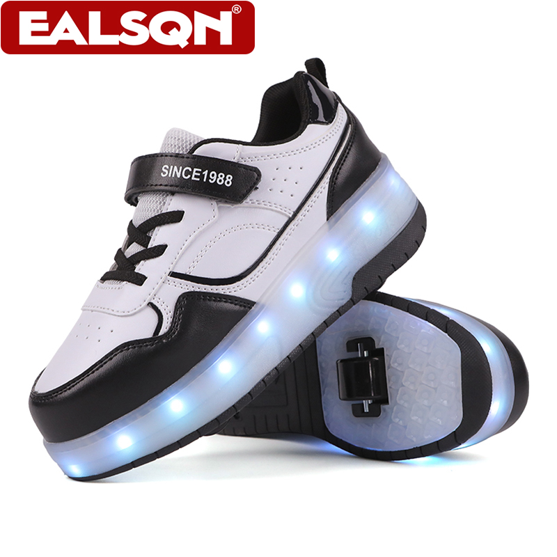 Running Shoes Men - รองเท้าสเก็ตล้อ LED สำหรับเด็ก ดีไซน์ล้อคู่ พร้อมสายรัดเวลโคร รองเท้าสเก็ตสำหรับเด็กผู้ชายและเด็กผู้หญิง