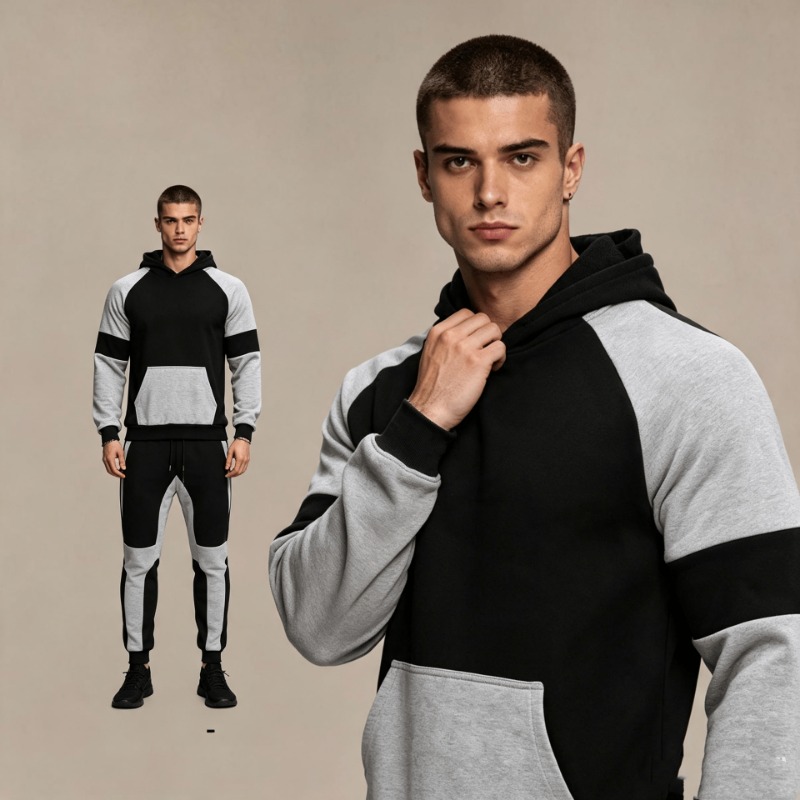 Joggers Pants - ชุดเซ็ตเสื้อฮู้ดดี้และกางเกงจ็อกเกอร์สีตัดต่อสำหรับผู้ชาย แขนยาว มีเชือกผูกเอว ชุดลำลองสำหรับเล่นกีฬาแบบสองชิ้น
